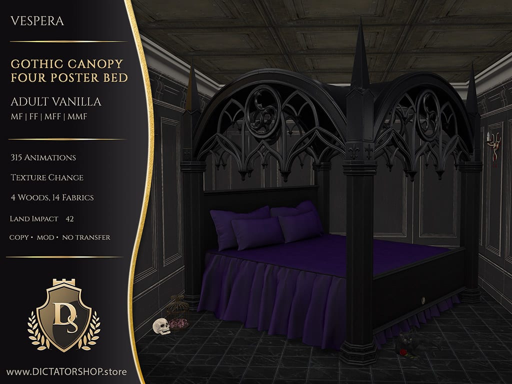 Vespera Gothic Canopy Four Poster Bed - Adult Vanilla